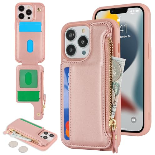 SailorTech for iPhone 13 Pro Phone Case with Credit Card Holder for Men, iPhone 13 Pro Case with Credit Card Slots Wallet Zipper Case for Women - Rose Gold
