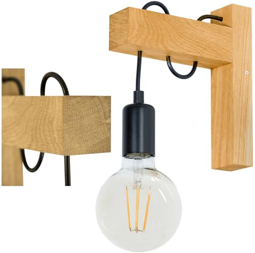 LED Wood Wandleuchte Innen Holz - Handgefertigte Wandlampe Vintage aus Eichenholz - Industrial Wandbeleuchtung E27 max. 40 W - Retro Lampe Schlafzimmer, Badezimmer, Kinderzimmer - Glühbirne nicht inkl