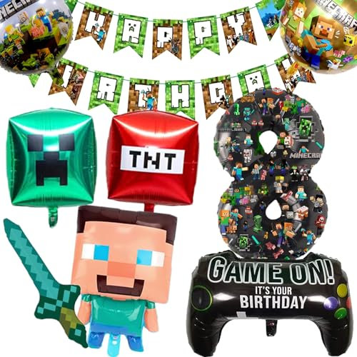 8th Gaming Birthday Decorations 8 Year Happy Birthday Balloon Banner Foil Balloons for Boy Birthday Balloons Cartoon Supplies Gaming Theme Party Supplies Decoration