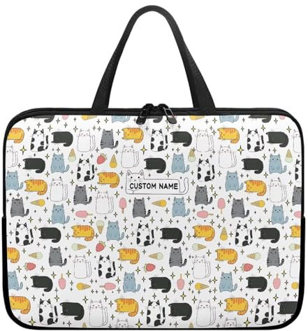 Xoenoiee Funda de transporte para laptop de 43.2 cm, diseño de gatos de dibujos animados, para hombres y mujeres, funda portátil impermeable con asa, personaliza tu nombre