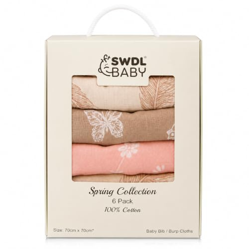 SWDL® Muslin Cloths for Baby - 100% Cotton Muslin Squares (Pack of 6, 70 x 70 cm) | Soft, Absorbent & Breathable | Perfect as Baby Bibs & Burp Cloths | Spring Collection