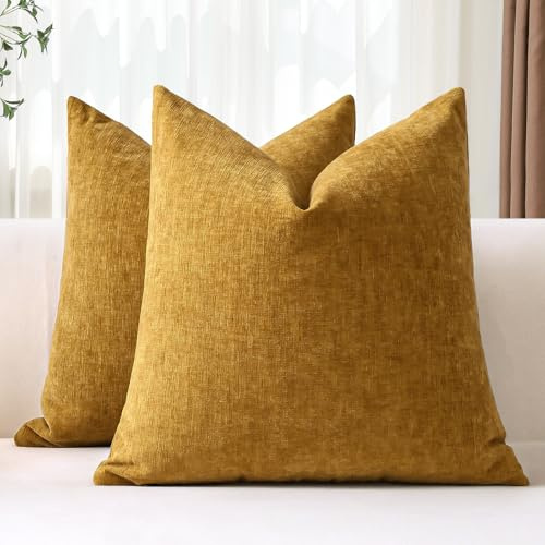 JOTOM 2er Set Chenille Kissenbezüge, Dekorative Weich Einfarbig Wurf Kissenbezug Moderne Kissenhüllen Sofakissen Dekokissen Zierkissenbezug für Wohnzimmer Schlafzimmer Deko (60x60cm, Goldgelb)