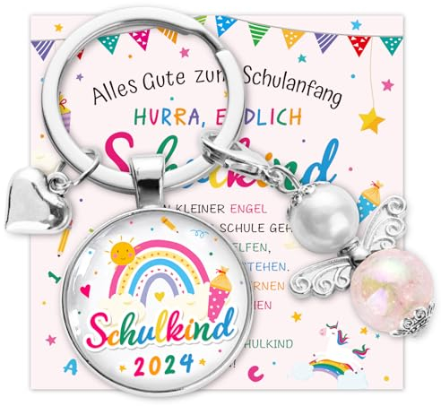 BOOMTOP Schlüsselanhänger Schulkind 2025 Einschulung Geschenk Schutzengel Regenbogen Anhänger Schultüte Füllung Mini Engel Glücksbringer Schulkind Schulanfang Geschenke Schlüsselband Anhänger