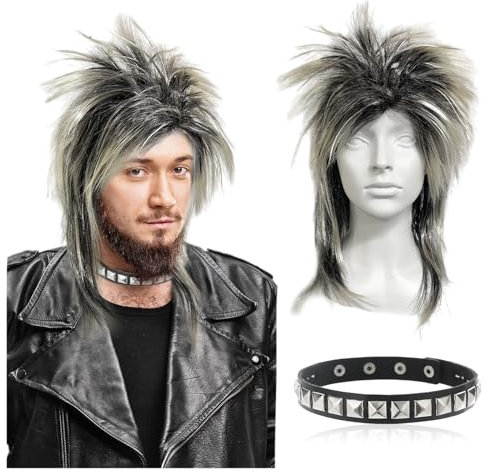 UILYNIU Perücke Männer 70er 80er Rockstar Vokuhila Perücke Mit Choker, Rockstar Perücke für Erwachsene, 80er Rocker Punk Popstar Disco Hippie Perücke für Party Halloween Karneval Kostümzubhör (Blond)