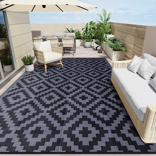 OLANLY Wasserdichter Outdoor-Teppich, 3 x 4,3 m, Kunststoff-Strohteppich für Camping, Wohnmobil-Matte für draußen, für Veranda, Deck, Hinterhof, Balkon, Picknick, Schwarz und Grau