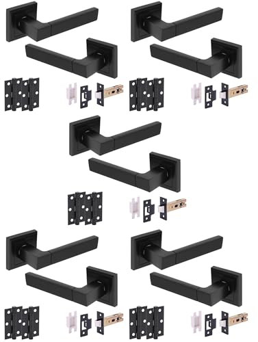 Hunta HANDLEZONE® 5 Sets Reno Internal Door Handle Pack, Complete with Lever Handles on Square Rose, 76mm Latch, 75mm Ball Bearing Hinges - Black Matt