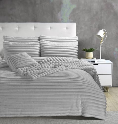 London Dream Big Cord Teddy Fleece Duvet Cover Set with Pillowcases Curtain Throw Cushion Cover Super Soft Warm Cosy Quilt Cover Xmas Bedding Set (Silver, King Duvet Set)