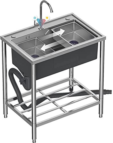 Évier utilitaire en acier inoxydable 304, évier de cuisine autoportant à un bac avec robinet d'eau chaude et froide à 360° et bassin d'égouttage pour l'extérieur, l'intérieur, le garage