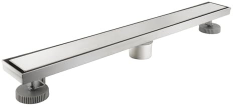 24in Caniveau Douche Italienne, 2 en 1 Caniveau Douche, drain de plancher de douche en acier inoxydable 304, avec grille, pieds de nivellement amovibles, filtre à cheveux (Nickel