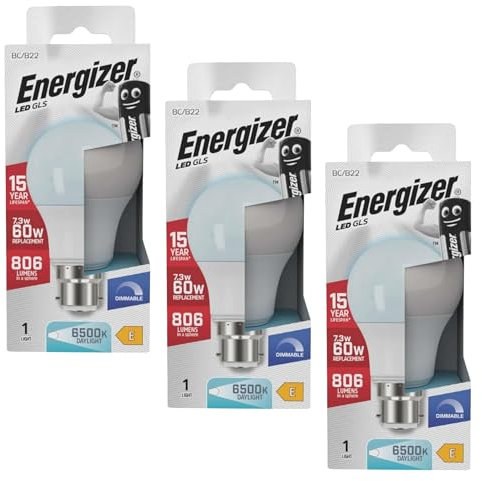 Inspired Essentials B22 Bayonet LED Dimmable Light Bulb, 60W, Daylight - 6500K, 7.3W - 60 Watts Equivalent/Replacement, B22 BC GLS Light Bulbs, Energy Saving, 806 Lumen, Pack of 3