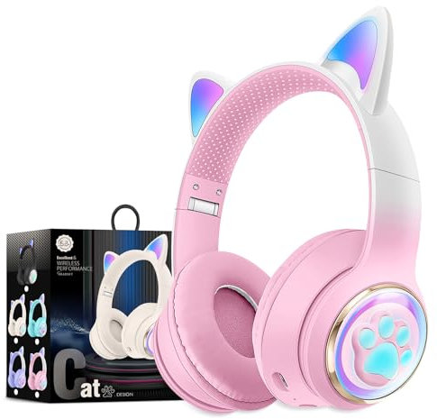 KERHAND Bluetooth-Kopfhörer mit Geräuschunterdrückung für Kinder, faltbare Katzen-Kopfhörer mit LED-Licht, Katzenohr-Kopfhörer für Kleinkinder mit Mikrofon/TF-Karte, Kinder-Bluetooth-Kopfhörer für