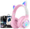 KERHAND Bluetooth Noise Cancelling Headphones for Kids,Foldable Cat Headphones with LED Light Up Ear,Cat Ear Headphones for Toddler with Microphone/TF Card,Kids Bluetooth Headphones for ipad(Pink)