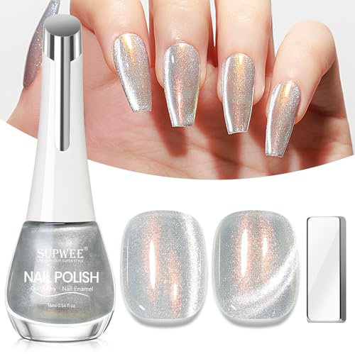 SUPWEE Cat Eye Nail Polish, 16ML Oil Base Nail Varnish Quick Dry Silver Gold Glitter Magnetic Gel Polish with Magnet No Need UV Curing