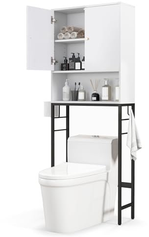 RELAX4LIFE Over The Toilet Storage Cabinet, Freestanding Bathroom Space Saver Toilet Rack with 2 Doors, 2 Side Hooks, Adjustable Shelf & Bottom Bar, Metal Frame Wooden Above Toilet Organizer (White)