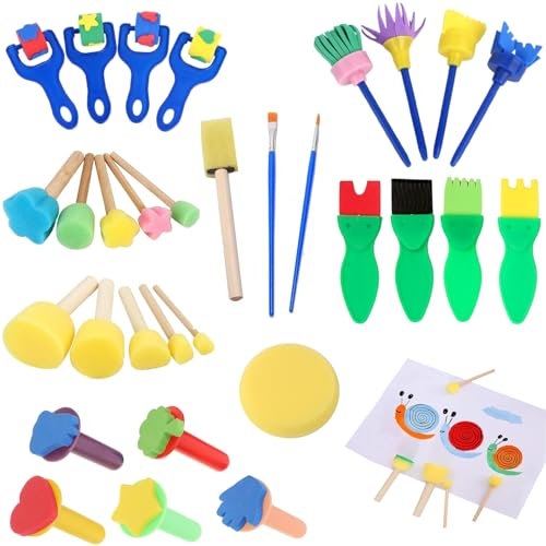 Accessoires Peinture Enfant - Kit Complet de Peinture avec Éponges, Pinceaux, Rouleaux et Tampons - 31 Pièces - pour Débutants à Avancés - Facile à Nettoyer et à Transporter