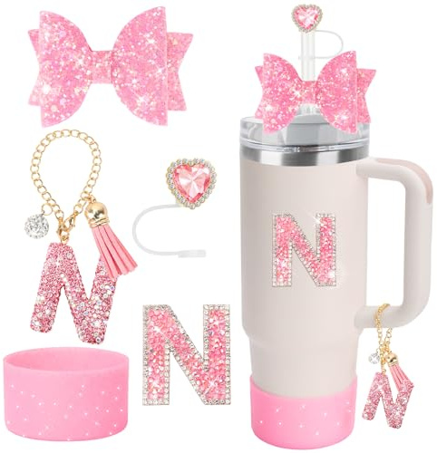 Bling Sparkly Accessories Set For Stanley 30oz 40oz Cup,Including Rhinestone Straw Cover,Rhinestone Letter Sticker,Rhinestone Letter Handle Charm,Sparkly Bow Decorations and Silicone Boot-5pcs