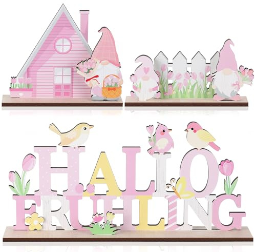 Namalu 3er Set Frühling Deko Aufsteller Dekorativer Aufsteller für Frühjahr mit Schriftzug zum Hinstellen Hallo Frühling Vögeln Zwergen Tulpen Mustern Frühlingsdeko aus Holz für Osterdeko Tischdeko