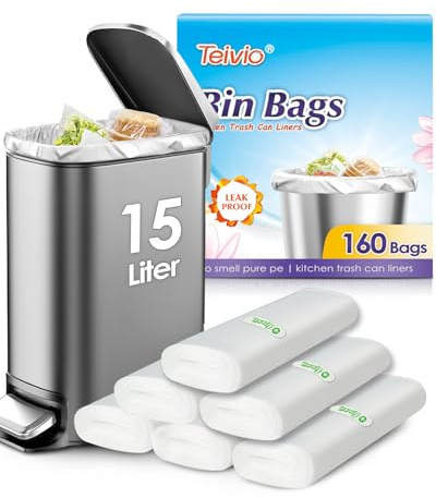 Teivio 15 Liter 160 Counts Small Pedal Bin Liners, Bathroom Bin Bags, Small Plastic Waste Bags for home office kitchen, fit 12-15 Liter, 3,3.5,4.5 Gal, Clear