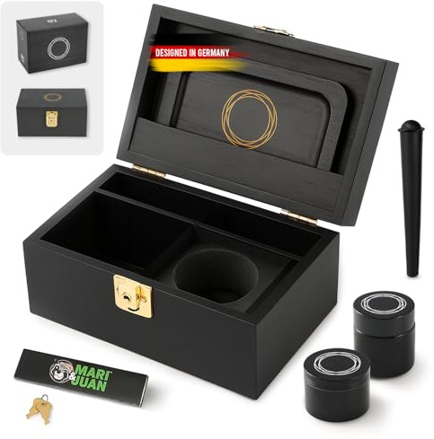 Mari & Juan Grinder Box aus Bambusholz I Geruchsdichte Aufbewahrungsbox mit Grinder, Rolltablett, Blättchen und Aufbewahrungsglas I Kräuter Zubehör Stash Box, kleine Storage Box in schwarz