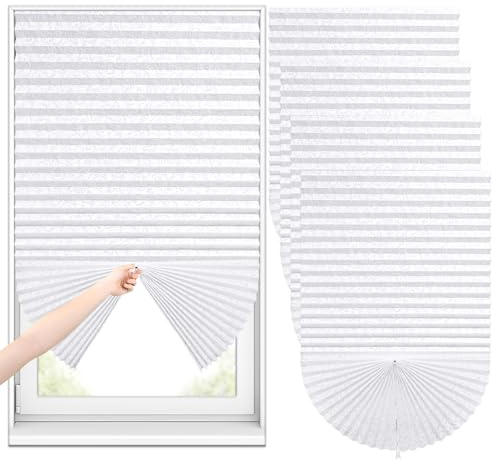 Sneulletoys 4pk No Drill Blinds for Windows,Temporary Patterned Blind,Easy Fit Self Adhesive Pleated Blinds Crop According to Size,Stick on Blind for Kitchen Bathroom Bedroom (White, 90W x 180H cm)
