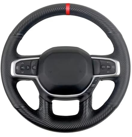 Auto Lenkradbezug Für Dodge Für RAM Für 1500 2019-2023 Schwarze Carbonfaser-Lenkradabckung(Red Thread)