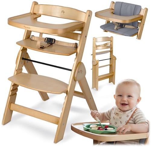 Nukido Hochstuhl Baby Holz Kinder ab 6 Monaten - Verstellbar Klappbar - Abnehmbares Tablett und Sicherheitsgurte - Braun Timo