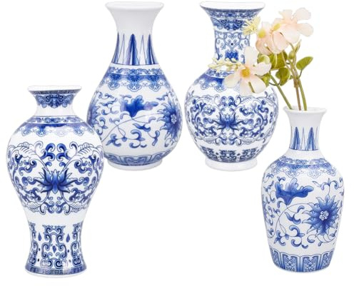 OLYCRAFT 4Pcs 4 Styles Small Blue and White Chinoiserie Vases Wall Mounted Decorative Ceramic Flower Vases Ceramic Wall Planter for Home Indoor Decor Dried Flowers and Faux Greenery Plants