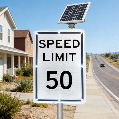 HCAUYNN Panneau solaire de limitation de vitesse, panneaux de signalisation à DEL, 45,7 x 61 cm, feuille réfléchissante de qualité ingénieur, aluminium et imperméable pour allées et routes à 80 km/h