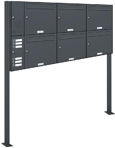 AL Briefkastensysteme 6er Standbriefkasten Anthrazitgrau RAL 7016 mit Klingel als 6 Fach Briefkastenanlage in Postkasten Briefkasten Design modern