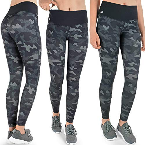 Formbelt Damen lauftights lang mit Taschen - Sport Leggins high Waist Lauftights Sporthose für Damen Smartphone Handy Schlüsselkarabiner (Camouflage Dark XS)