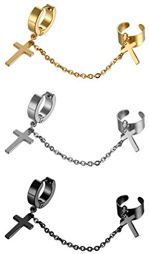 Cupimatch 3 PCS Kreuz Ohrringe Set Herren Damen Ohrstecker Kreuzanhänger Baumeln Creolen Ohrpiercing Tunnel Ohrringe Kleine Hoop Earring Schwarz Gold Silber