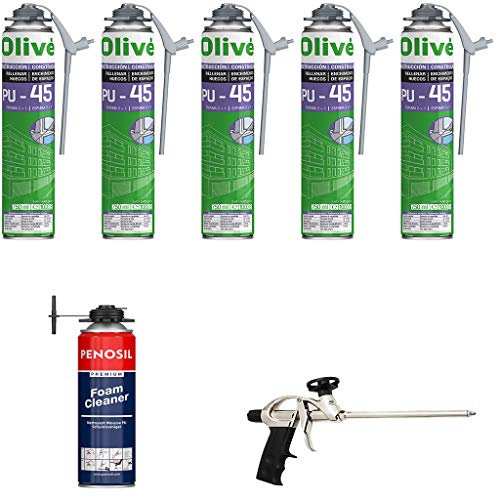 Mousse expansive polyuréthane 750 ml - Lot de 5 + 1 pistolet + 1 nettoyant - Qualité Professionnelle - Excellente Isolation Acoustique