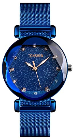 TONSHEN Fashion Luxus Damen Edelstahl Uhren Analog Quarz Elegant Sternenhimmel Kristall Armbanduhr