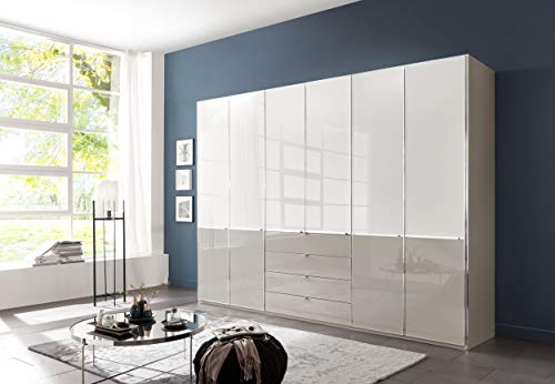 WIEMANN Shanghai 2 Kleiderschrank, Schlafzimmerschrank, Drehtürenschrank, mit Schubladen, Breite 300 cm, 6 türig, Kieselgrau, Glas weiß, grau, Holz, B/H/T 300x216x58 cm