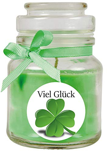 HS Candle Duftkerze im Bonbonglas Viel Glück, Duft: Kokos (Grün), 120g - Brenndauer bis zu 30 Stunden, Kerze aus Glas mit Duft