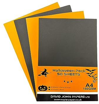 DJP Halloween-Karton, 160 g/m², A4, farbig, Schwarz/Orange, 50 Blatt, 25 Flammen-Orange und 25 Schwarz