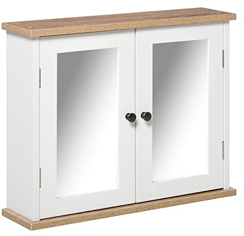 kleankin Armario de Baño de Pared con Espejo 2 Puertas Estante Ajustable en 3 Posiciones Espacio de Almacenaje para Cocina Medicinas 56x14x46 cm Blanco