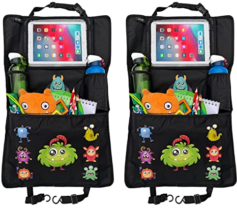 HECKBO 2x Kinder Auto Organizer mit verstellbarer Tablet Tasche mit Touch Folie für bis 20 – Monster Motiv - universal passend