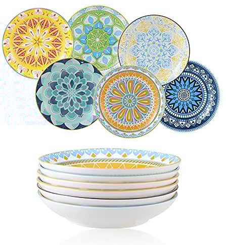 AHX Teller Set Pastateller Salatteller Suppenteller - Tellerset Bunt Keramik für 6 Personen - Schalen für Pasta, Nudeln, Salat and Suppe - 650 ml