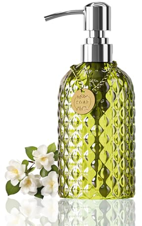 Aywaiw Bottiglia di sapone in vetro da 350 ml, dispenser di sapone da bagno, pompa in acciaio inossidabile 304, ricaricabile in vetro liquido (verde)