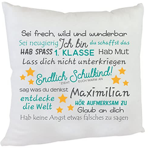 Mutmach Kissen Geschenk zur Einschulung mit Namen des Erstklässlers Einschulungsgeschenk für Mädchen und Jungen (Junge)