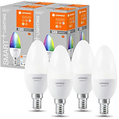LEDVANCE Smarte LED-Lampe mit WiFi Technologie, Sockel E14, Dimmbar, Lichtfarbe änderbar (2700-6500K), RGB Farben änderbar, ersetzt Glühlampen mit 40 W, SMART+ WiFi Candle Multicolour, 4er-Pack
