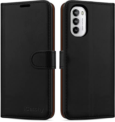 iCatchy for Motorola Moto G82 5G / G52 Case Leather Wallet Book Flip Kickstand Card Slots Full Protection Folio Cover Compatible for Moto G82 / G52 Phone (Black)