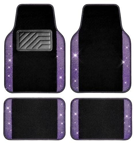 CAR PASS Bling Diamant Auto Fußmatten, Glänzend Glitzernder Kristall, Universal Fussmatten Auto mit Rutschfestem PVC Fersenpolster für SUV Limousine Van, 4 Stück für Mädchen Damen Herren(Violett)