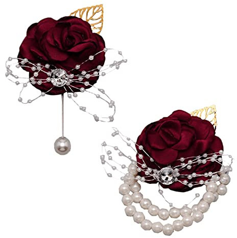 craspire 2 STÜCKE Rot Handgelenk Corsage Hochzeit Corsage Perle Armband Strass Rote Rose Künstliche Blume Handgelenk Boutonniere Knopflöcher Brautjungfer Blume Handgelenke Hochzeit