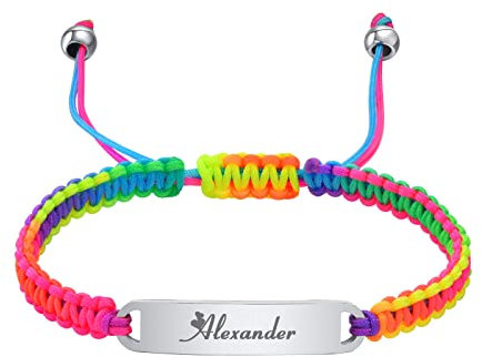 Personalisierte Baby Armband - Individuelles handgefertigtes einstellbares Regenbogen Geflochtenes Name Datum ID Armband für Kinder Kleinkind Kinder, Taufe Geschenke für Mädchen Jungen, Silber Tag