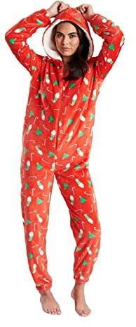 Loungeable Damen Jumpsuit Langer Overall Einteiler mit Kapuze Weihnachten Christmas mit Sherpa-Futter 791192 M