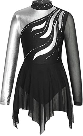 iEFiEL Mädchen Ballettkleid Glitzer Eiskunstlauf Kleid Kinder Swing Schaukel Tanzkleid Ballettanzug Langarm Body Trikot Turnanzug Ya Schwarz 146-152