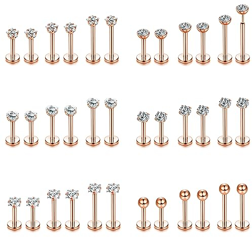 YADOCA 36Pcs Labret Piercing 16G Acier Inoxydable 6mm 8mm 10mm Pushin Lèvre Medusa Helix Tragus Piercing pour Femme Homme Or Rose