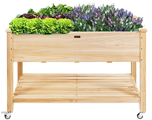 RELAX4LIFE Jardinière Rectangulaire Haute avec Roues Verrouillables Étagère de Rangement Doublure de Protection, Jardinière sur Pieds en Bois pour Herbes, Légumes, Fleurs à l'Extérieur